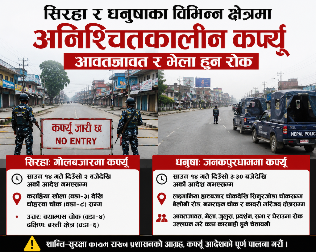 सिरहा र धनुषाका विभिन्न क्षेत्रमा अनिश्चितकालीन कर्फ्यु, आवतजावत र भेला हुन रोक